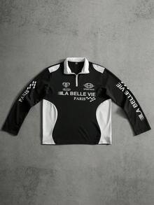 PAVTROS Áo thun polo nam trơn màu có họa tiết chữ, khóa kéo phía trước, áo thun polo nam tay dài cổ bẻ thu đông, thời trang đường phố INS, phong cách đua xe Y2K, quà tặng hoàn hảo cho bạn trai Áo thun đua xe nam tay dài Áo thun đua xe Áo thun thể thao đua xe - Đen và trắng - Xem 1