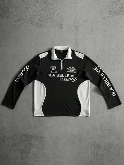 PAVTROS Men's Solid Color Patchwork Front Zipper Letter Graphic Polo Shirt, Men's Fall & Winter Long Sleeve Collared Polo Shirt, Fashion Street INS, Y2K Racing Style, Perfect Gift For Boyfriend Men Racing Shirt Long Sleeve Racing Shirt Racing Shirt Motorsport Shirt Racing Jersey