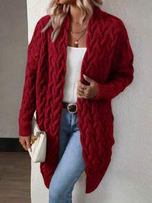 EMERY ROSE 女式休闲纯色落肩开衫，秋冬 - 酒紅色 - 查看 6