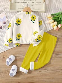 SHEIN Bộ 2 món/Bộ áo nỉ dài tay cổ tròn in họa tiết hoa cổ điển thường ngày cho bé gái, phù hợp cho mùa thu/đông - Nhiều màu - Xem 4