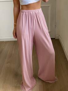 DAZY Ruffled Hem Patchwork Loose Long Women Cozy Pajama Bottoms - Dusty Purple - View 6