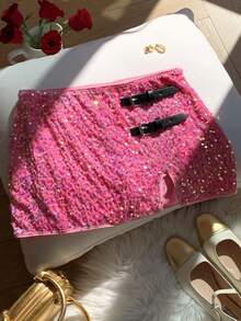 Comfortcana 女士亮片时尚派对半身裙，皮革搭扣装饰，新年女士款 - 粉色 - 查看 1