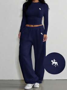 SHEIN EZwear 海军蓝加大码女款两件套，骑士印花长袖T恤和裤子 - 藏蓝色 - 查看 3