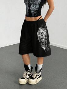 StreetHx Pantalones capri de mujer con estampado punk de ajuste holgado en gris - Negro - Ver 7