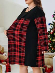 SHEIN CURVE+ Sukienka w kratę i patchwork w dużym rozmiarze, czerwona, casualowa, świąteczna sukienka dla kobiet - Wielokolorowe - Zobacz 3