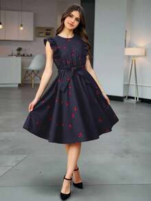 Teenage Girls' Cherry Print Navy Blue Belted Dress