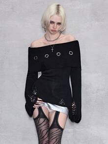 ROMWE Avant Y2K Punk Kpop Ripped Design Waist Cinched Flare Sleeve Metal Grommet Accent Off-Shoulder Sweater - Black - View 1
