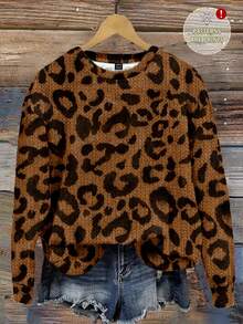 SHEIN LUNE 休闲豹纹仿效果简约图案圆领宽松女式卫衣，秋冬季，秋季女装，休闲款 - 彩色 - 查看 1
