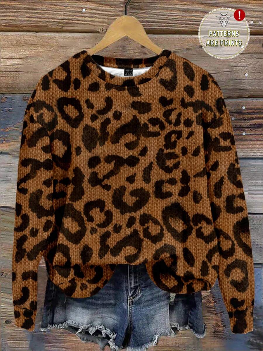 SHEIN LUNE 休闲豹纹仿效果简约图案圆领宽松女式卫衣，秋冬季，秋季女装，休闲款 - 彩色 - 查看 1