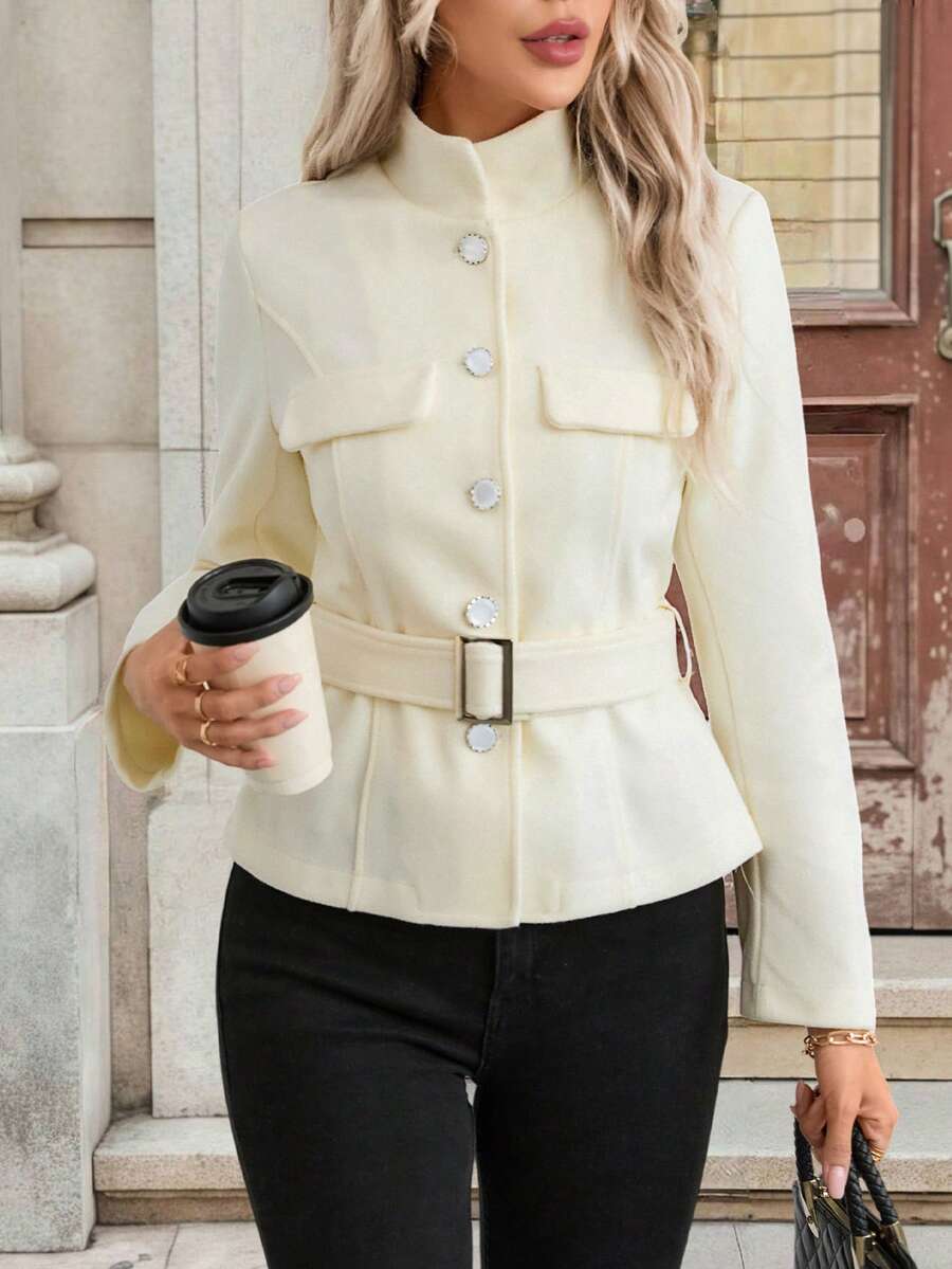 EMERY ROSE Solid Color Front Button Belted Elegant Long Sleeve Overcoat - Beige - View 1