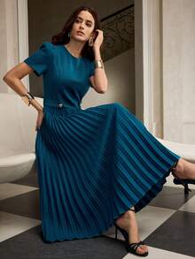 ZEYLAH Elegant Party Ruched Pleated Flare Hem Dress, Autumn/Winter - Teal Blue - View 1