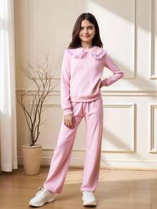 女童彼得潘领荷叶边长袖运动衫和松紧腰裤休闲校园淑女装 - 粉色 - 查看 1