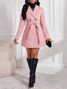 SHEIN Lady 秋冬粉色翻领毛呢大衣优雅女士秋季风衣女外套双排扣毛呢大衣背带设计冬季女士外套风衣女外套秋季女装搭配冬季女装女装秋季女装 - 粉色 - 查看 1
