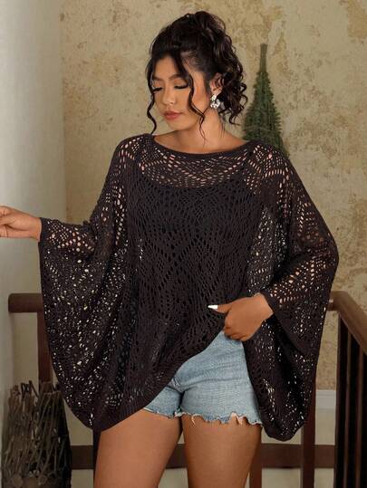 Travachic Modischer Pullover in Große Größen mit Fledermausärmeln und Cut-Out-Muster, Herbst-Winter-Kleidung für Frauen