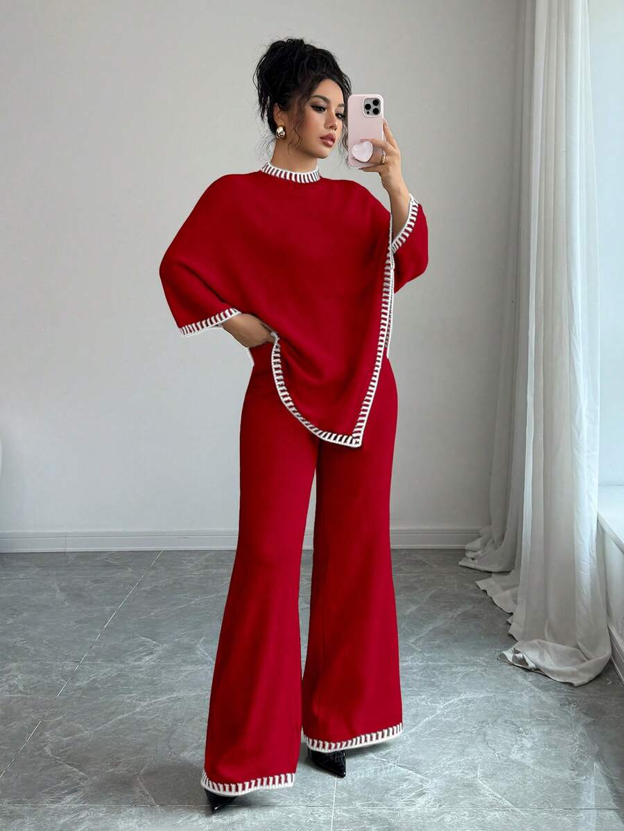 Elenzga 女士休闲宽松斗篷设计上衣和宽松撞色裤子针织两件套 - 紅色 - 查看 1