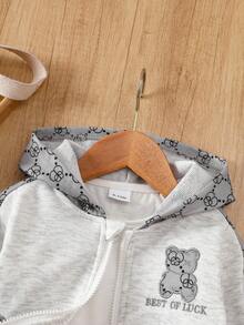 6-24 månader Baby & Småbarn Pojkar/Unisex Höst/Vinter Huva Långärmad Tröja med Dragkedja + Byxor 2-Delat Set, Björnbroderi & Tryckmönster, Avslappnad & Söt Outfit för Vardags- & Friluftsbruk - Ljusgrå - Visa 6