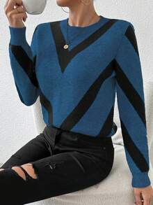 SHEIN LUNE 秋冬新品 拼色几何条纹毛衣 - 彩色 - 查看 5