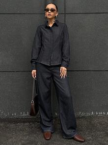 DAZY Jeans vintage taille haute jambe large, ensemble pantalon casual et chemise en jean - Jean brut - Voir 3