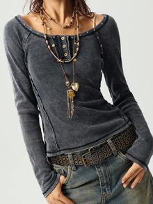 Bohemela Casual Solid Color Knit Crew Neck Long Sleeve Fitted Women T-Shirt - Black - View 6