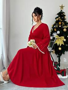SHEIN Elenzya Christmas Plus Size Beaded Decor Elegant Party Dress - Red - View 5