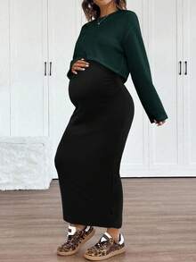 SHEIN Áo tay raglan kết hợp với váy hai dây ôm vừa vặn màu trơn, bộ đồ bà bầu thu đông 2 món - Màu xanh lá cây đậm - Xem 3