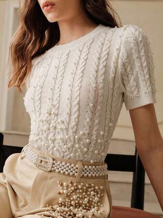 Anewsta Savoree Damen elegante kurzärmelige Strickbluse mit Perlen, geeignet für Sommer, Herbst, elegant, schick, Neujahr, Lässig, Luxus