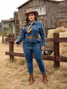 EMERY ROSE Bộ đồ liền thân denim co giãn phong cách phương Tây cổ điển cỡ lớn dành cho nữ - Rửa tối - Xem 2
