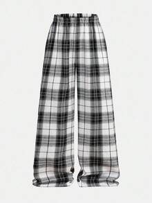 SHEIN Girlism Teen Girls 2pcs/Set Pants Plaid Daily Wear Microfleece Football/Soccer Black And White Sportswear Wide Leg Pants And Black Top Spring Date Night Tops Square Neck Ruched Curved Hem Tee Suit - Black and White - View 11