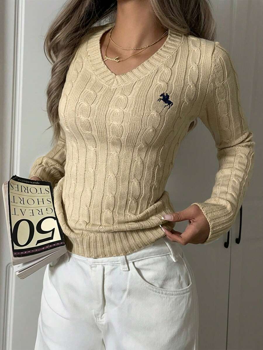 SHEIN EZwear 女式卡其色V领长袖简约毛衣,休闲日常穿搭,长袖上衣,秋冬校园上衣 - 卡其色 - 查看 1