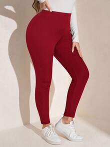 SHEIN LUNE Quần legging lót nhiệt màu trơn cỡ lớn, mặc thường ngày cho mùa thu/đông - Đỏ - Xem 6