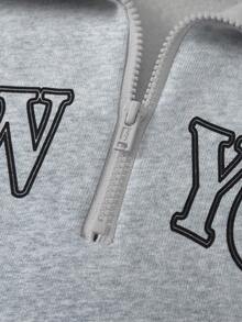 SHEIN 2pcs Women Autumn/Winter Set, Heather Gray Stand Collar Zip-Up Hoodie & Matching Long Sleeve Sweatpants With Graphic Print, Comfortable Casual Matching Mother-Daughter Outfits