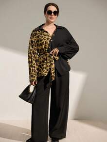 Momelise 大码豹纹拼布纯色装饰纽扣腰商务休闲蝴蝶结衬衫和纯色腰休闲裤常规两件套，秋冬 - 彩色 - 查看 4