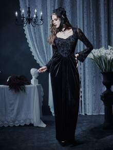 Glisette Lace Long Sleeve Waist Cinched Elegant Women Long Dress