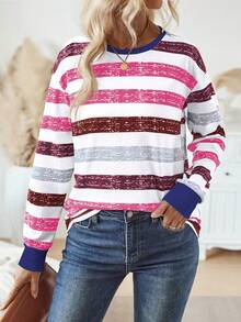 女士圆领长袖条纹休闲上衣，印花T恤，适合春季和圣诞节穿着。 - 彩色 - 查看 4