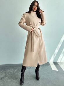 Firerie 女装优雅简约通勤休闲日常百搭立领纽扣系带中长款驼色双面呢羊毛大衣秋冬女装 - 駝色 - 查看 3