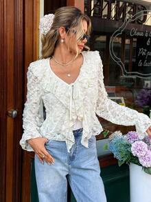 SHEIN Frenchy Camiseta de manga larga con volantes en el bajo y lazo delantero, de moda para mujer