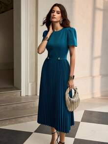 ZEYLAH Elegant Party Ruched Pleated Flare Hem Dress, Autumn/Winter - Teal Blue - View 6