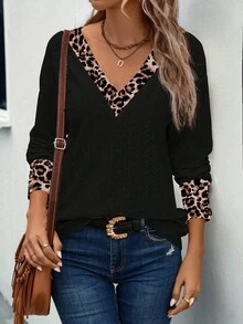 SHEIN LUNE بلوزة نسائية كاجوال بياقة على شكل حرف V مطبوعة بنمط الفهد، طبقات ولون مختلف، بأكمام طويلة، مناسبة للخريف والشتاء - متعدد الألوان - مشاهدة 6