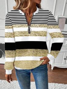 SHEIN LUNE Sweatshirt Fashion Wanita, Kerah Bulat, Lengan Panjang, Resleting Setengah, Kerah, Manset, dan Bagian Bawah Bergaris Kontras, Motif Garis Asimetris, Abu-abu - MultiWarna - View 5