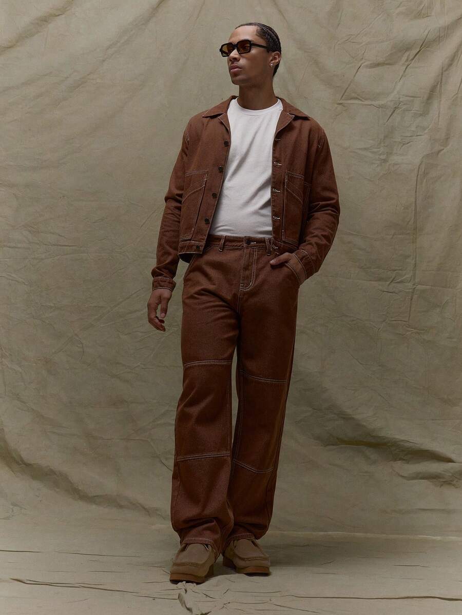 Musero Jeans rectos de hombre con detalles de costuras contrastantes, cierre con botones, para otoño, primavera y verano - Marrón - Ver 1