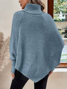 Áo len Poncho cổ lọ trơn màu thường ngày dành cho nữ, Thu/Đông - Màu xanh bụi bặm - Xem 2