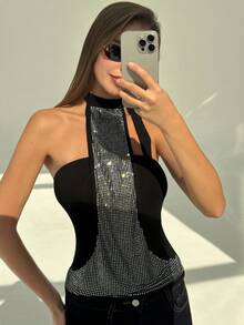 Aloruh Women's Fashionable Sexy Rhinestone Backless Halter Top - Black - View 4
