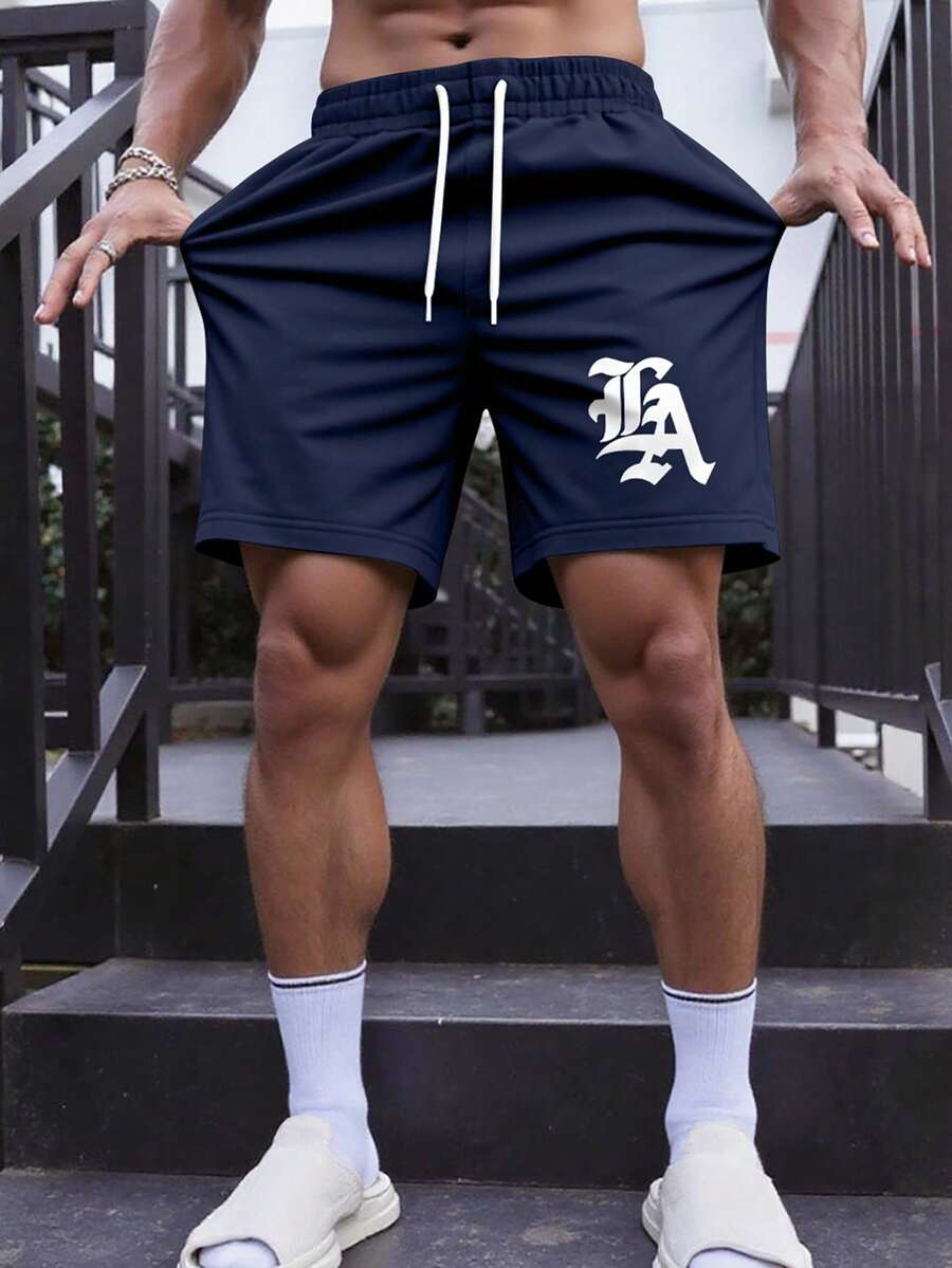 Aesthetic Post 男士休闲字母印花抽绳腰短裤，夏季 - 藏蓝色 - 查看 1