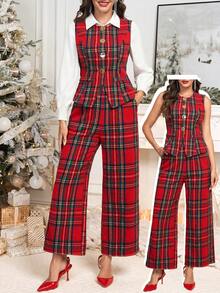 Ellevyn 女士圆领无袖红色格子开衫背心和直筒裤优雅装扮，适合日常穿着、节日、秋冬、圣诞节，两件套 - 彩色 - 查看 2