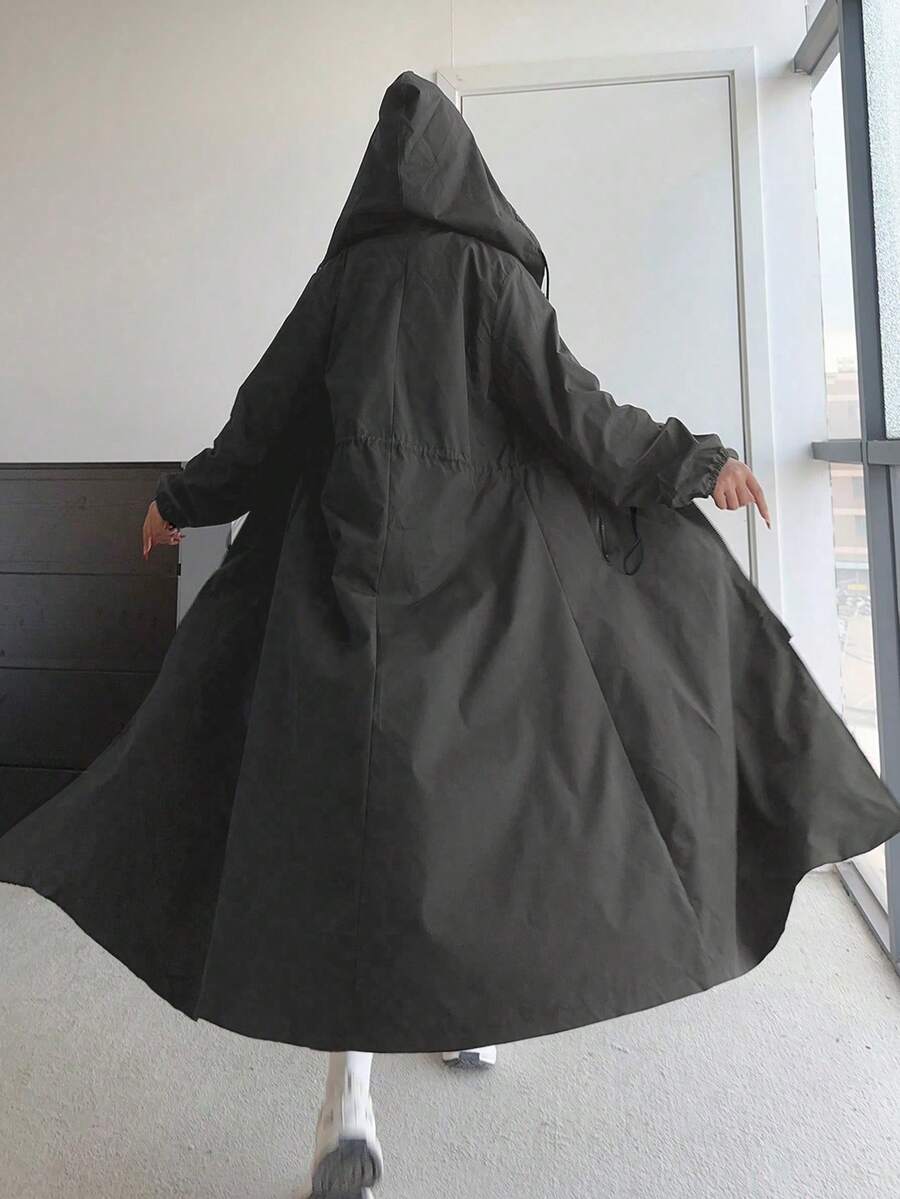 POPSWAY Áo khoác tay dài có mũ trùm đầu, túi khóa kéo phía trước cỡ lớn, có dây rút ở eo - Xám - Xem 1