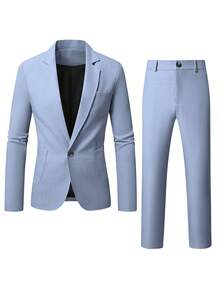 Manfinity Mode 男士浅灰色V领休闲西装套装，春夏 - 藍色 - 查看 3