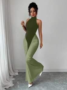 Elenzga 女式黑白拼色露背收腰鱼尾下摆优雅连衣裙，适合通勤和日常穿着 - 軍綠色 - 查看 3