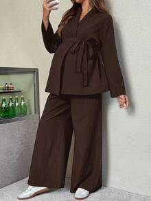 SHEIN 2pcs Maternity Casual Commuter Solid Color Shirt And Pants Set, Autumn Wide Leg Pants Set Brown Set Women Pants Suits For Woman Maternity Clothes Two Piece Suits Pants Suit - Coffee Brown - View 4