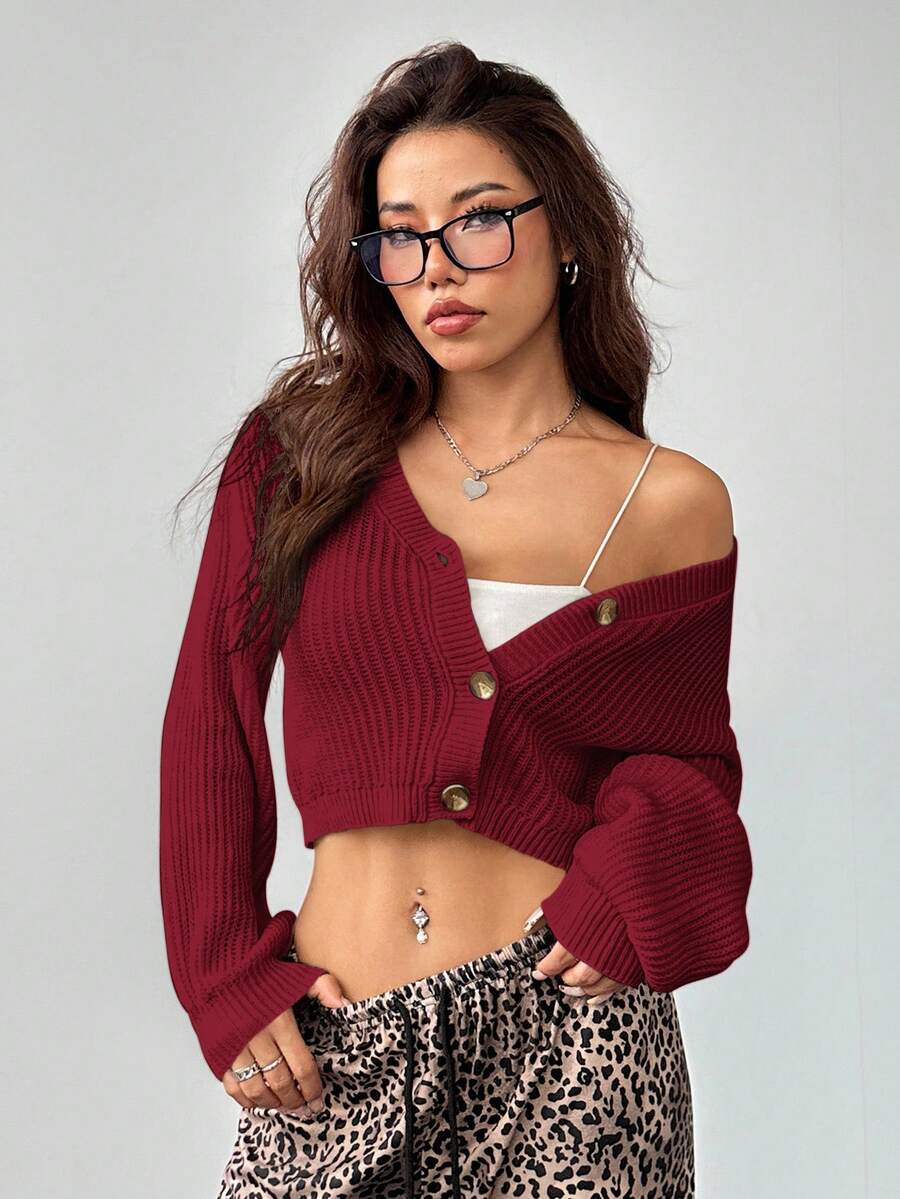 SHEIN PETITE Women's Solid Color Lantern Sleeve Button Front Rib Knit Cardigan, In Fall/Winter Cardigan Cropped Crop Top Sweater Knit Tops Christmas For Women New Year Autumn/Winter - Burgundy - View 1