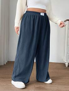 SHEIN EZwear Quần ống rộng cạp cao dáng rộng cỡ lớn dành cho nữ, chất liệu vải nỉ có túi và miếng vá, phù hợp mặc ở trường học, mặc hàng ngày, làm việc trong nhà, màu xanh nhạt, thu/đông - Màu xanh bụi bặm - Xem 5